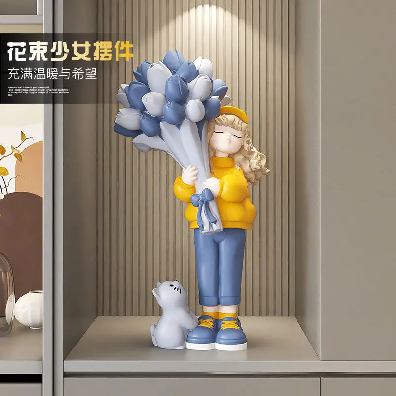 Girl Desktop Ornament with Bouquet Home Decor for Girlfriend Living Room TV Cabinet Wine Cabinet Bedroom