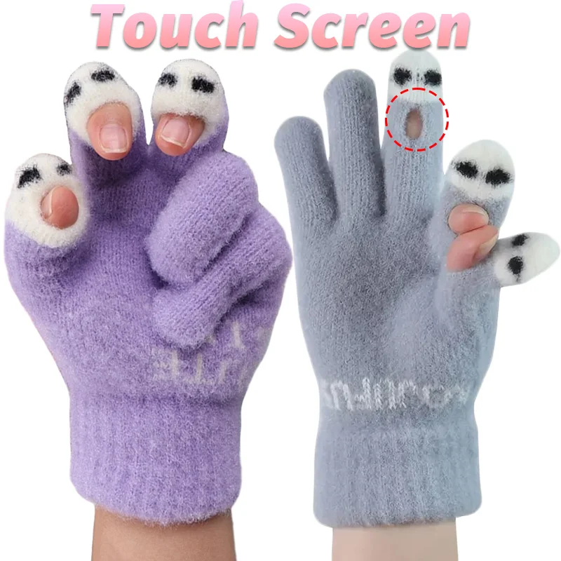 Women Cute Winter Fluffy gloves Panda Fingertip Warm Knitted Fingerless Gloves Wool Touchscreen Phone Girls Full Finger Mittens