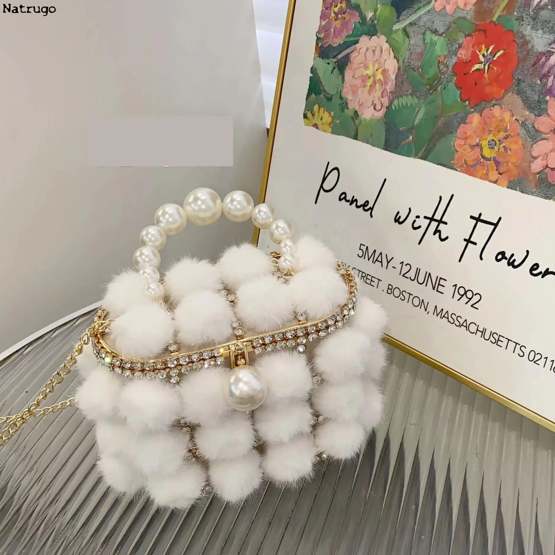 Pearl Handle Rhinestones Evening Bag Fake Fur Crystal Top Handle Bags For Women Purses And Handbags Luxury Designer Banquet Bag