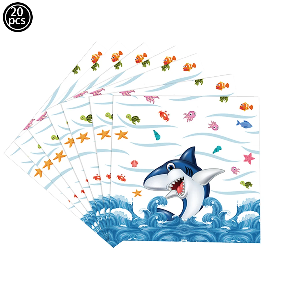 Shark Party Supplies Set Disposable Tableware Shark Plates Napkins Cups and Straws for Boys Kids Birthday Banner Signs Decorate