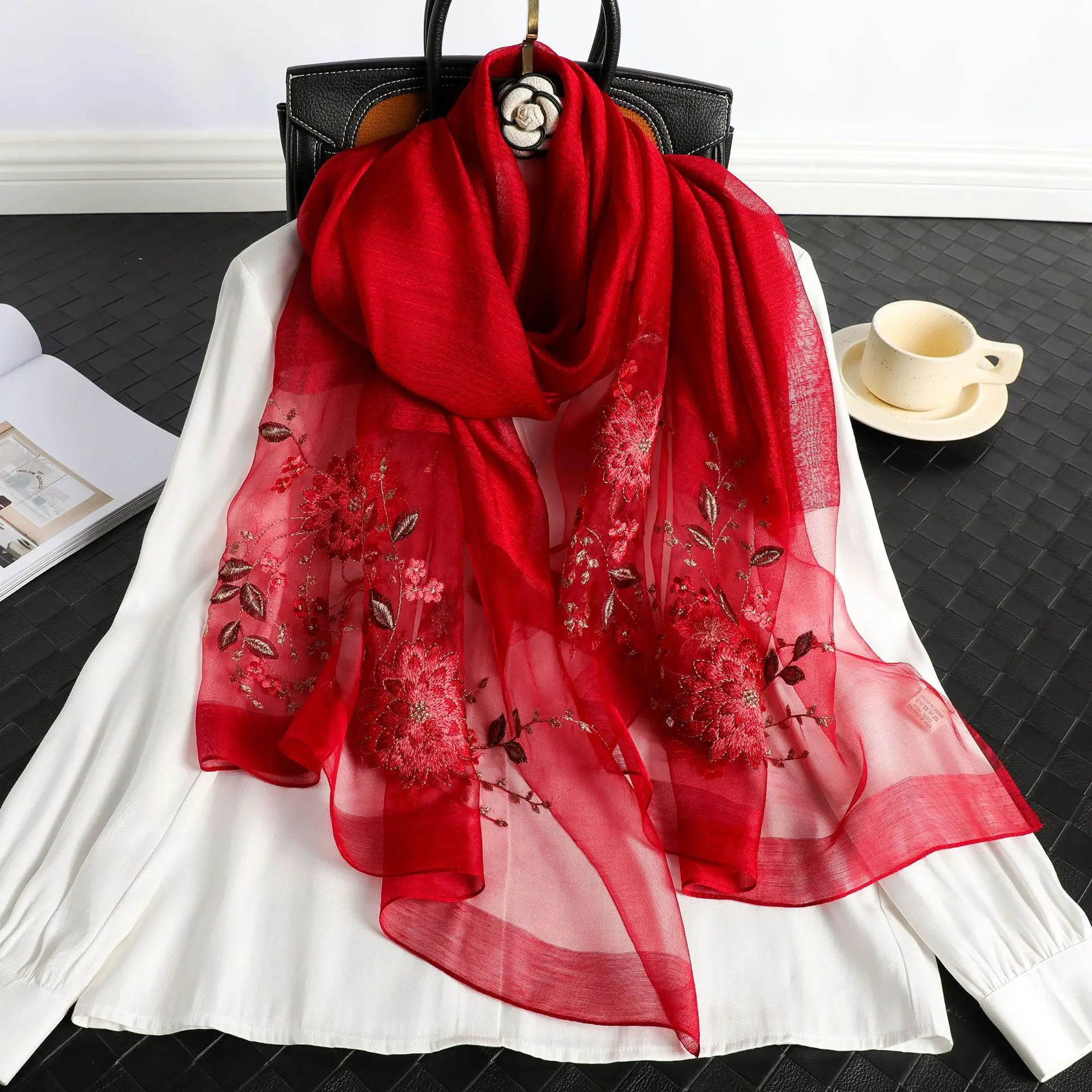 New 2024 Silk Scarf for Women Embroidery Shawl Wraps Female Wool Floral Bufanda Beach Stoles Hijab Head Scarves Hijab Echarpe