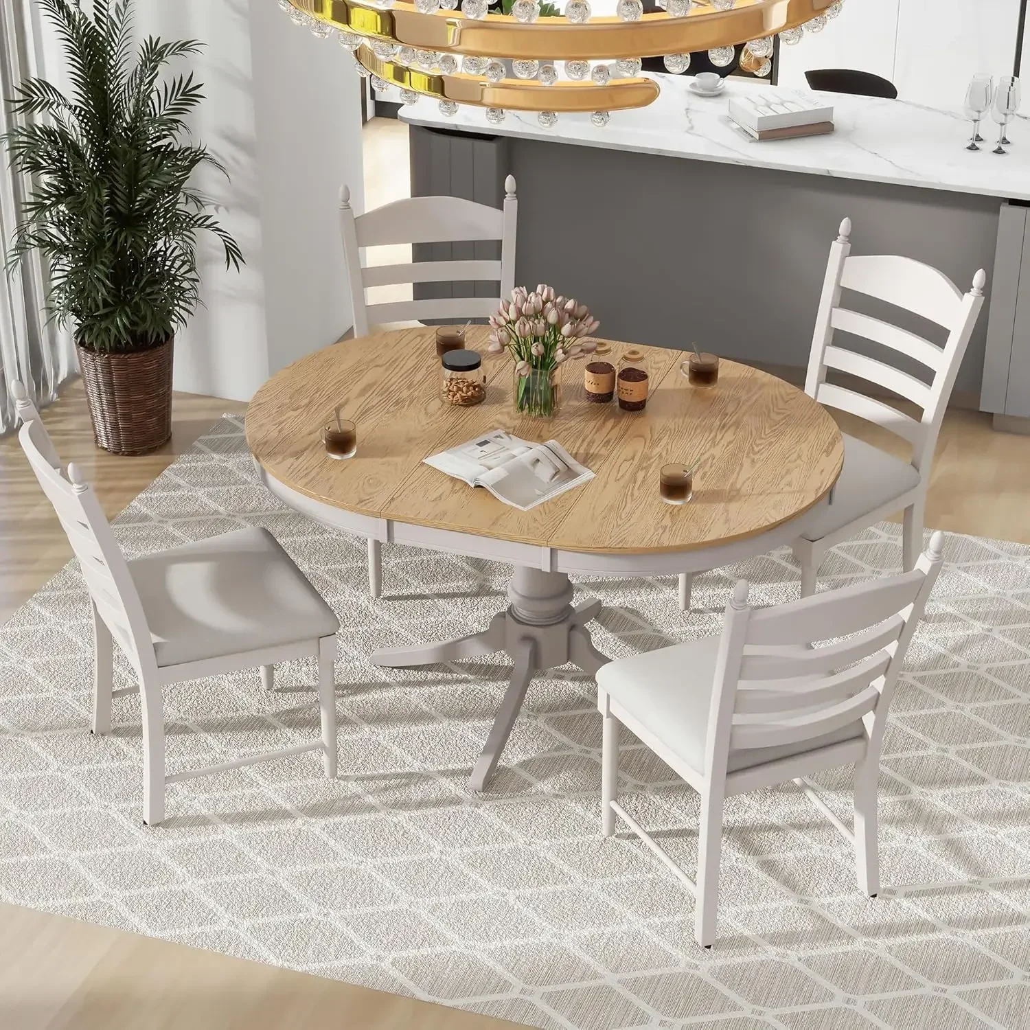 Solid Wood Extendable Round Dining Table Set with Chairs of 4,5 Piece Round Kitchen Dining Room Table Set with Extendable Table