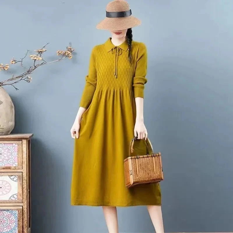 NEW Spring Autumn Long Wool Sweater Dress Women Fashion Loose Bottom Knitted Dresses Female Doll Collar Large Size Pullovers