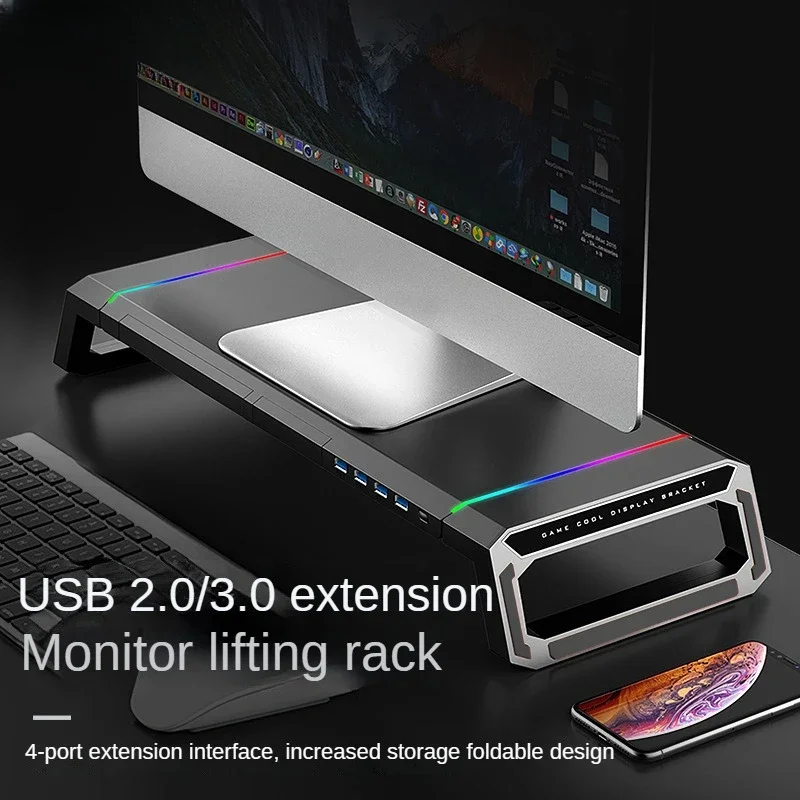 

Подставка для игрового компьютера RGB, подставка с 4 USB, складная подставка для монитора, ящик для хранения и держатель для телефона для ПК и ноутбука