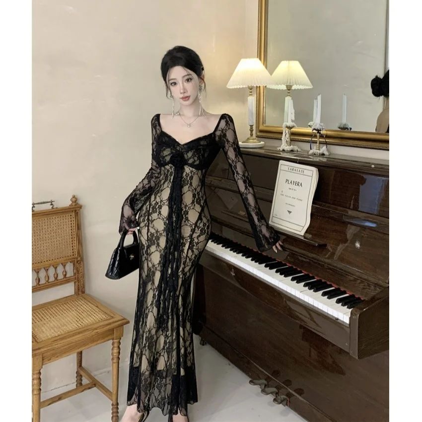 الرغبة النقية طويلة Sve الدانتيل الدكتور التخسيس Fi الذيل طويل الدكتور الخريف الشتاء عالية الخصر الأزهار ثلاثية الأبعاد Sa ثوب Ci المشي الدكتور