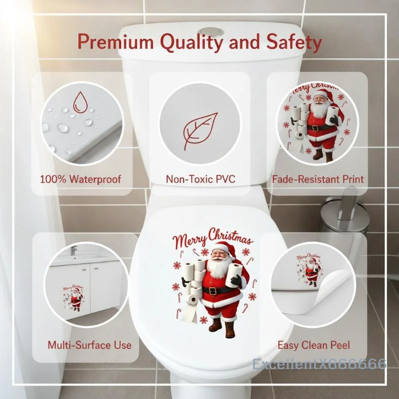 Funny Santa Toilet Lid Sticker Self-Adhesive Waterproof Easy Apply Decal for Bathroom Christmas Party Decor