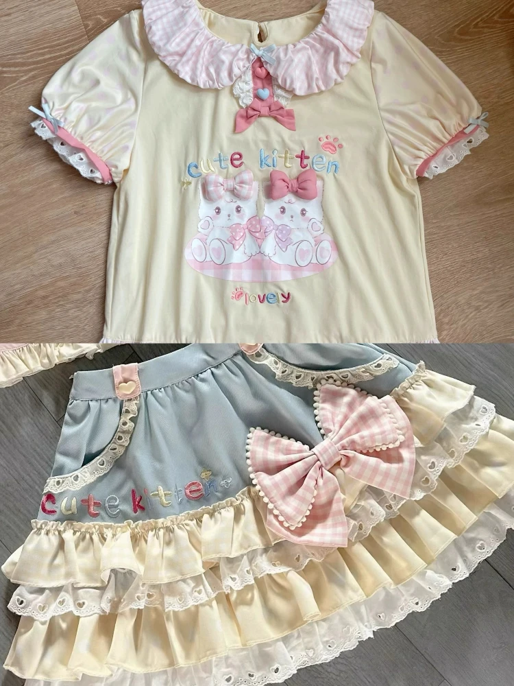 日本の女子大生風JK可愛いツーピースセット レディース レースパッチワークトップス＋ショートケーキスカート 新ファッション カワイイ原宿サマースーツ