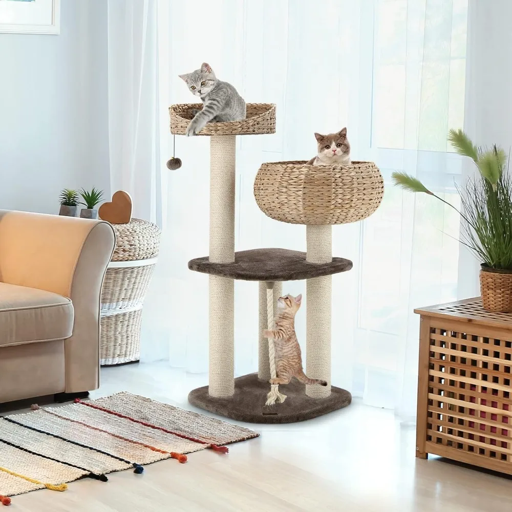 

Modern Cat Tree for Indoor Cats,Multi-Level Cat Tower with Scratching Posts,Hand-Made Wicker Cat Condo&Top Perch,Dangling Ball