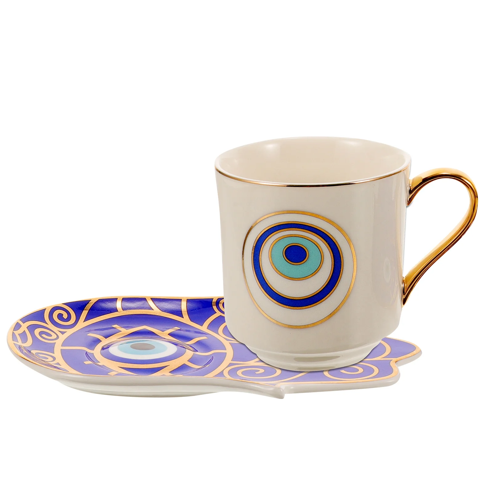 

1Set Ceramic Coffee Mug Porcelain Cup with Evil Eye Pattern Saucer Anti-Scald Handle Home Office Tea Cup Microwave Dishwasher