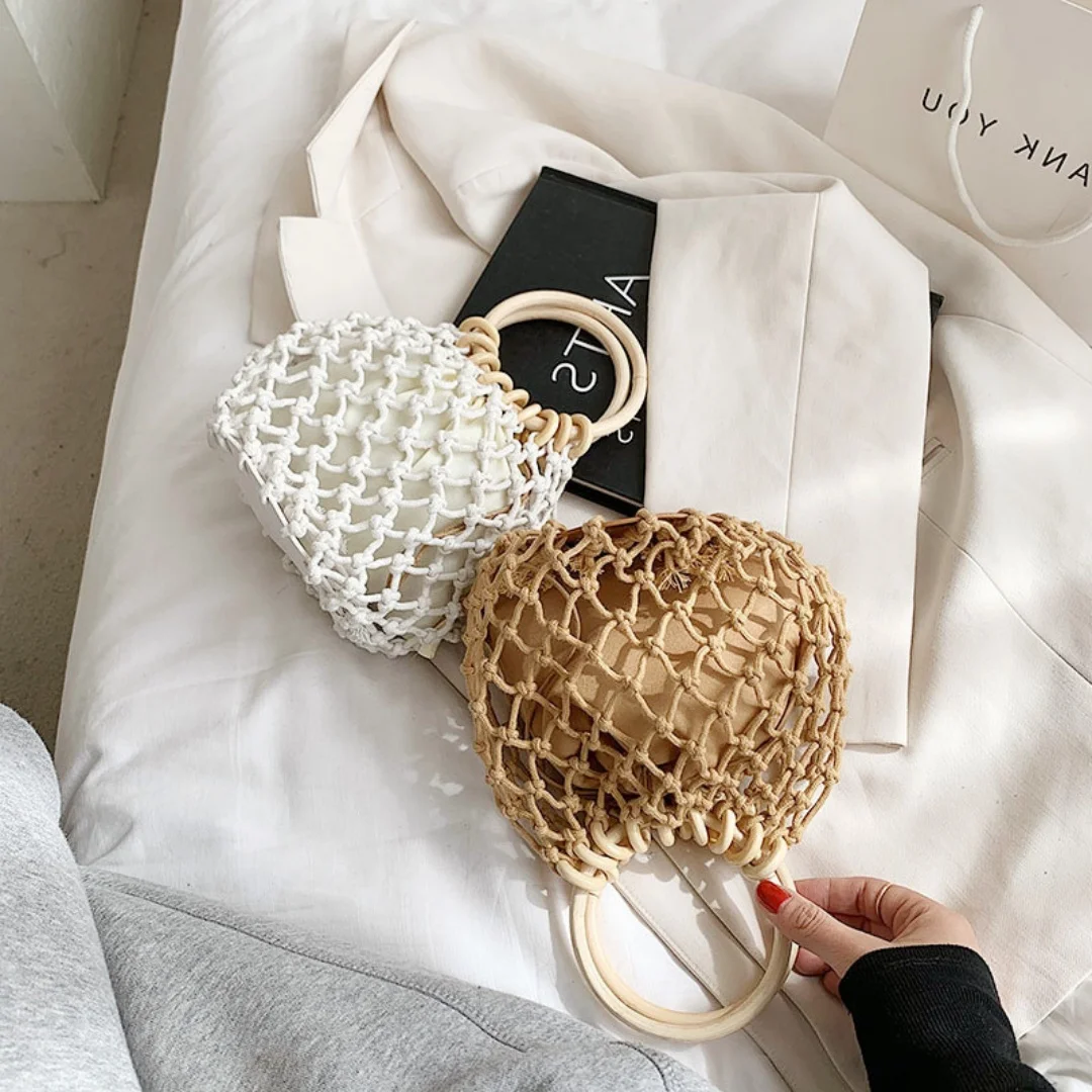 

Casual Retro Woven Handbag Wooden Handle with Inner Cloth Drawstring Bucket Bag Vacation Beach Style Wrist Pack for Ladies
