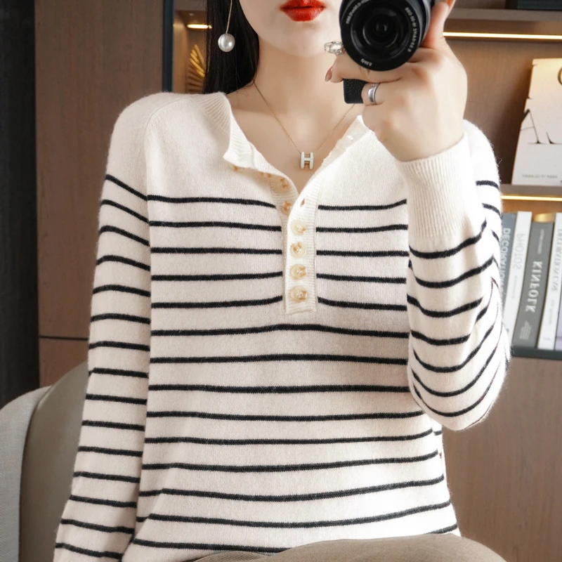 Women Sweater Autumn Winter O-neck Cotton Warm Loose Striped Buttons Long Sleeve Bottoming Shirt Casual Korean Pullovers Jumpers
