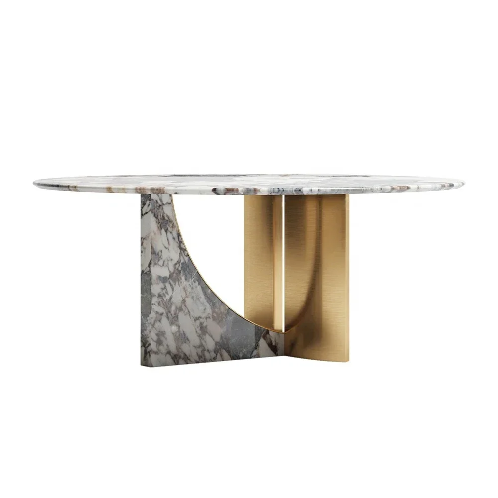 Round Gold Dining Table 6 Seats Modern Mirror While Marble Top Stainless Steel Frame Dining Table