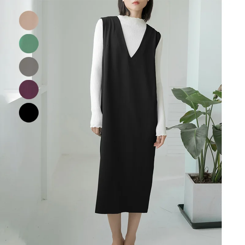 Japan Korea Women's Autumn And Winter Sleeveless V-neck Knee Length Long Skirt Solid Color Vest Dress With Pockets High Street