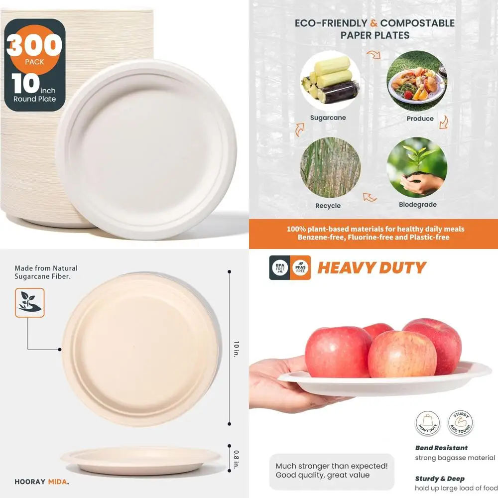 

Компостируемые 10-дюймовые бумажные тарелки — упаковка 300 шт., сверхпрочные, одноразовые, биоразлагаемые, экологически чистые для вечеринок