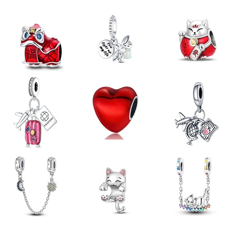 Real 925 Silver Charms Beads For Pandora 925 Original Bracelets Auspicious Lucky Cat Luminous Firefly DIY Jewelry Making Gift