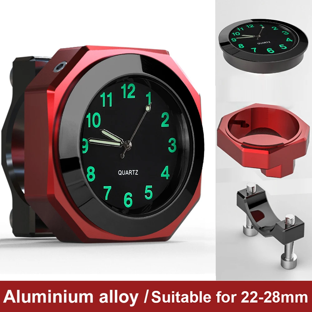 Motorcycle Aluminum Alloy Clock 22-28mm Waterproof Handlebar Mount For Bicycle Motobike Luminous Quartz Watch Time Display 