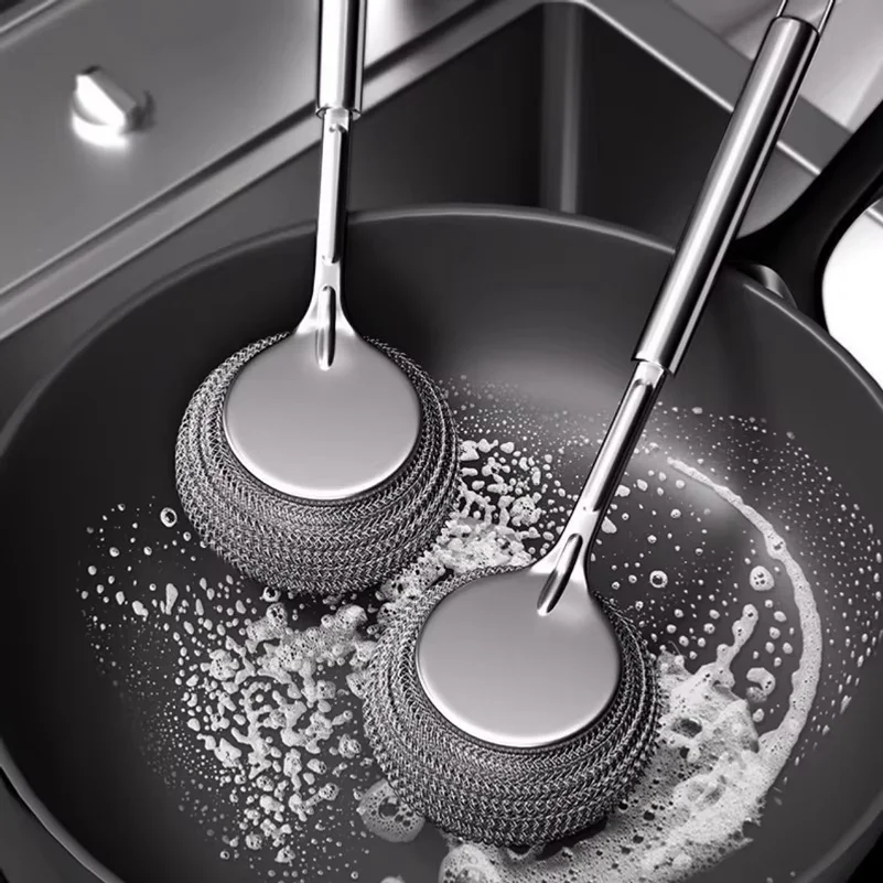 Stainless Steel Pot Brush Kitchen Special Pot Washing Steel Wool Ball Brush Long Handle Dish Cleaning Brush Pot Brush Magic Tool