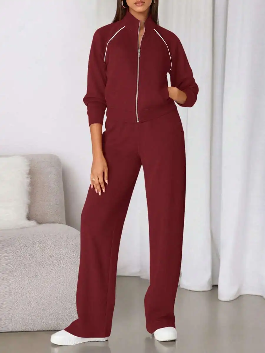 

Women's Burgundy 2-Piece Zip-Up Tracksuit Set with Contrast Piping
