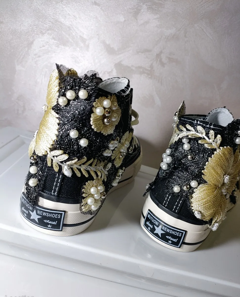 Embroidered Beaded High Top Canvas Shoes