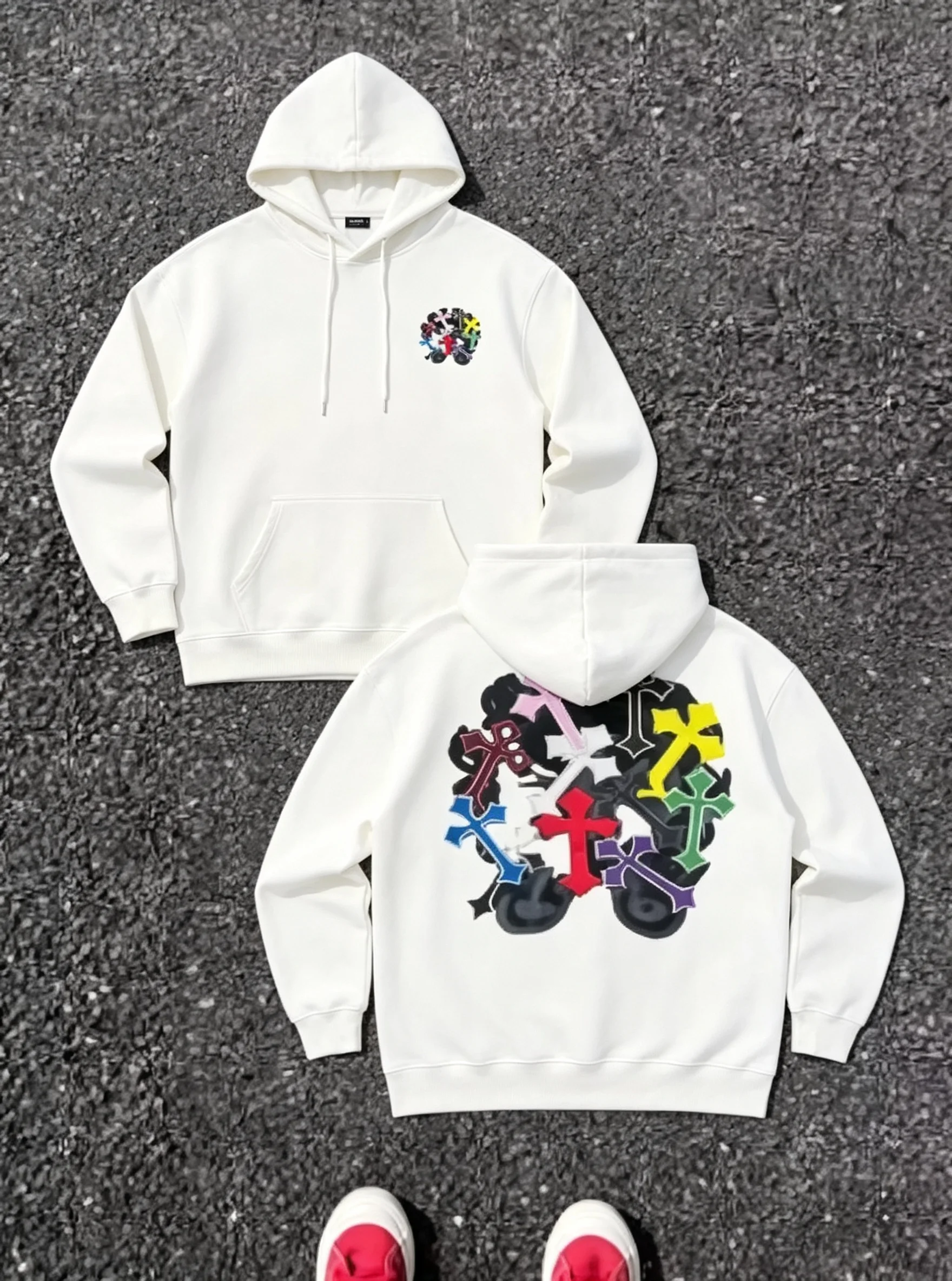 Harajuku's new streetwear men's casual hoodies with double-sided digital printing colorful cross pattern neutral casual top