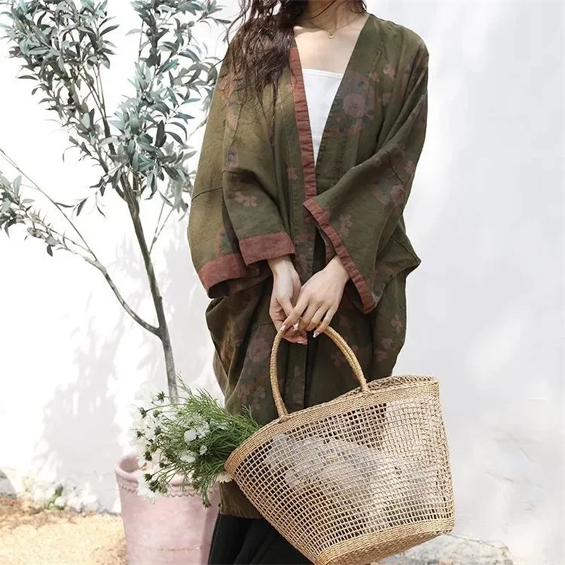 Spring Autumn Ethnic Linen Fashion Printed Windbreaker Outwear Mid-Long Retro Split Loose Cardigan Large Size Trench Coat Female