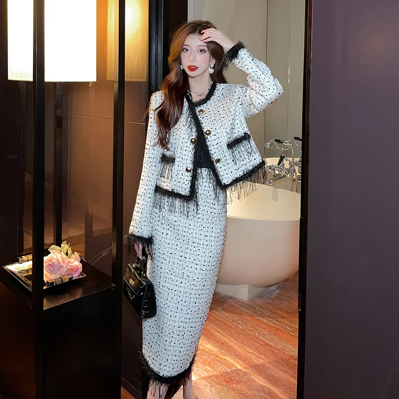 High Quality Fall Winter Elegant Tweed 2 Piece Set Women Outfits Tassel Small Fragrance Luxury Short Jacket Coat+Long Skirt Suit