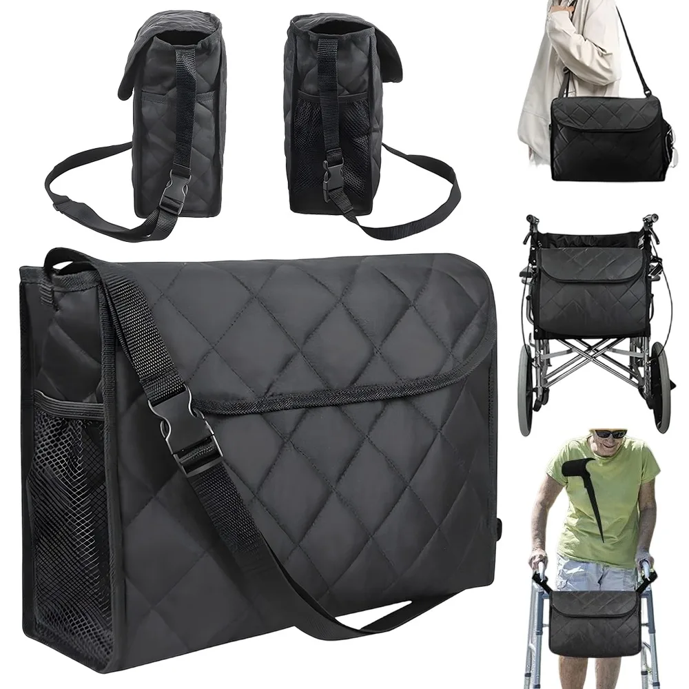 Sac de rangement imperméable pour fauteuil roulant, 39x29x15 cm, noir, organisateur universel pour déambulateurs et rollators pour personnes âgées – Idéal pour les sorties quotidiennes, l'utilisation en centre de réadaptation et le transport mains libres des affaires personnelles