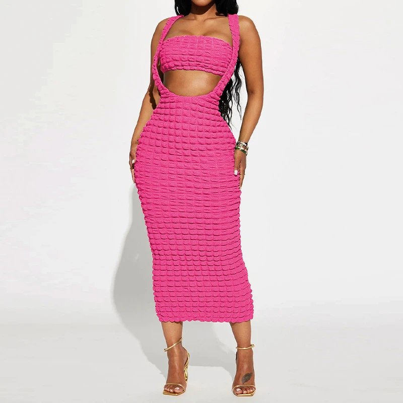 OMSJ 2024 Sexy Bubble Grid Fabric Skirt Set Chest Wrapping Tank Top+Strap Back Split Midi Skirt Women's Party Holiday Two-pieces