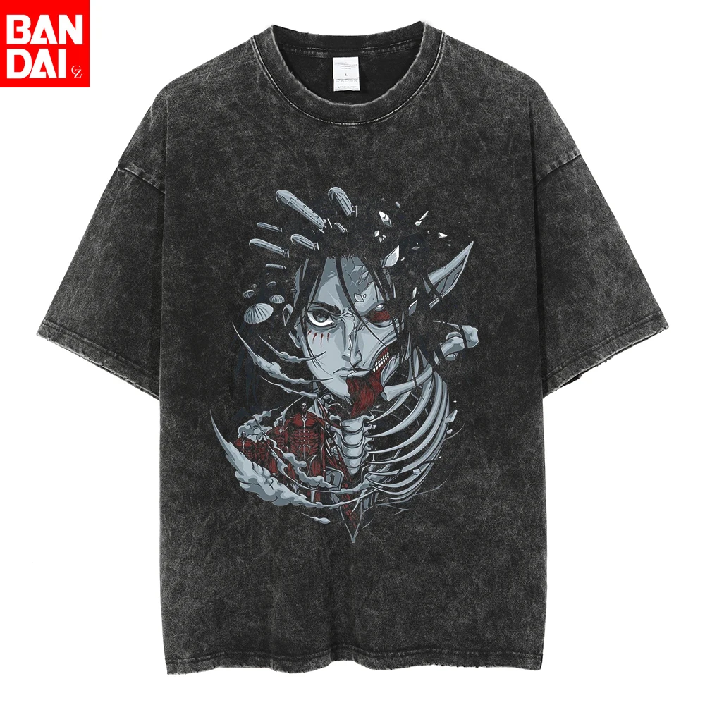 Camiseta Vintage Lavada de Anime Ataque a los Titanes con Ojos de Eren, Levi y Mikasa para Hombre, Estilo Harajuku Gótico Streetwear Oversize de Manga Corta