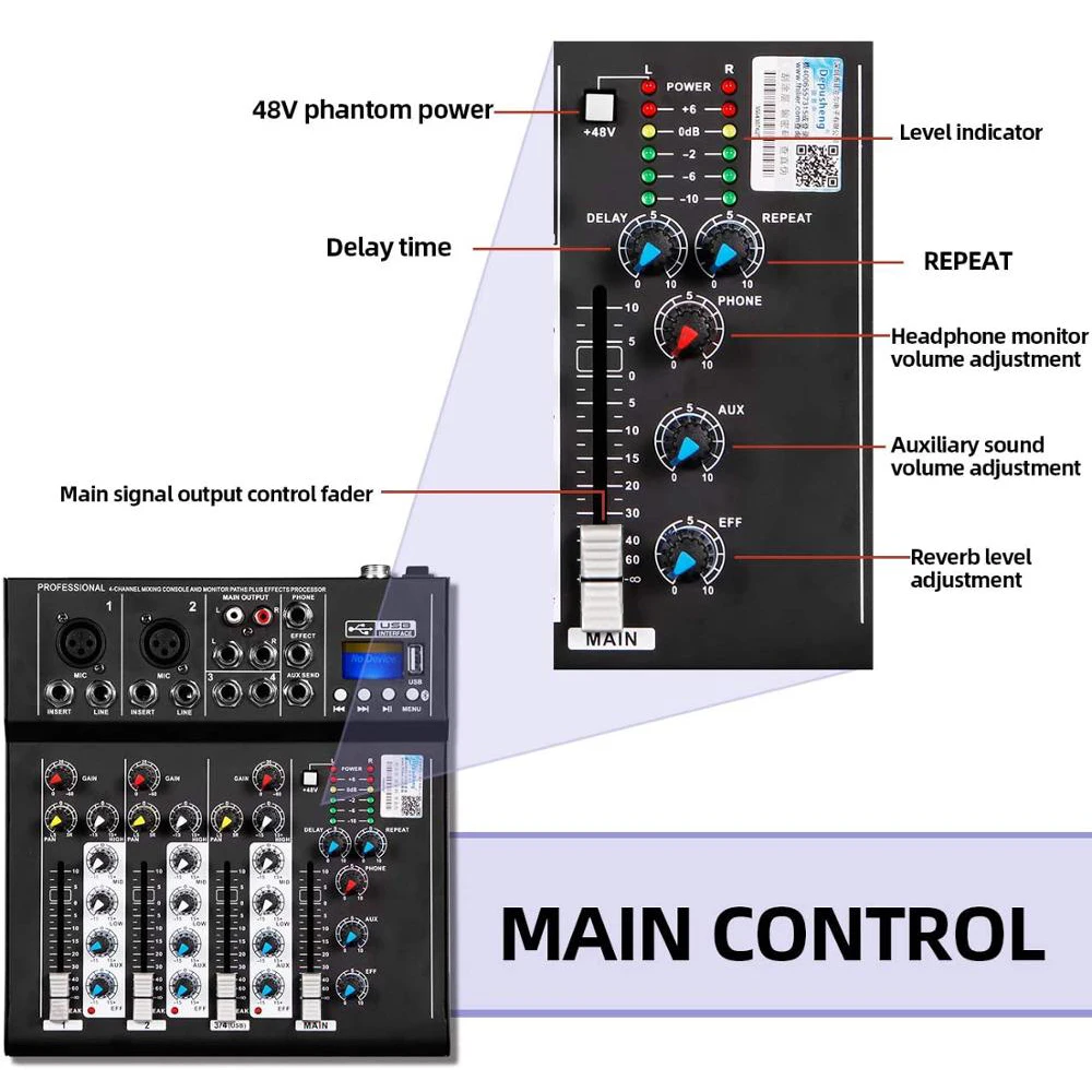 New Design Digital Interface Recording Mini Audio Mixer 4 Channel USB MP3 48V Phantom Power Mixer For Singing Recording