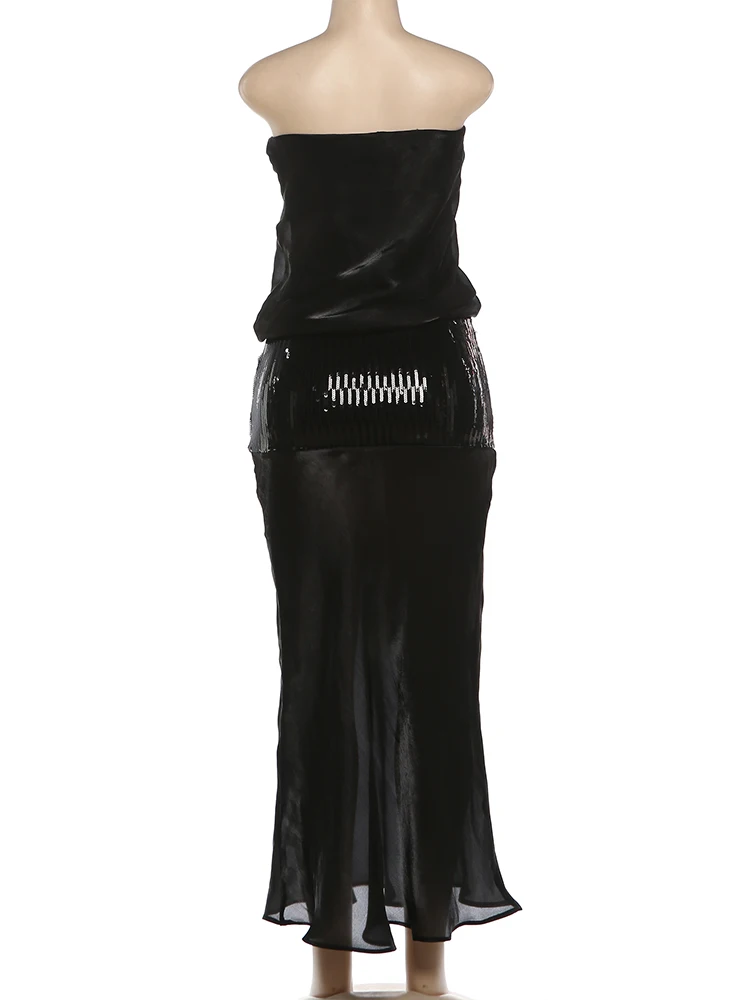 Nibber Modisches Kleid für Damen Sexy Sommer Schulterfreies Pailletten-Kleid Glänzendes Patchwork Mitternachts-Pfirsich Hüftbetonendes Sexy Clubwear Figurbetontes Maxi-Kleid – Detail 12