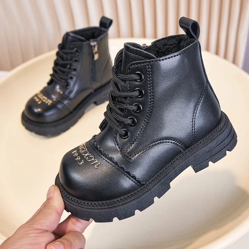 Boys Girls Platform Riding Boots 2025 New Winter Toddler Warm Fleece Leather Boots Non-slip Simple Versatile School Hiking Boots