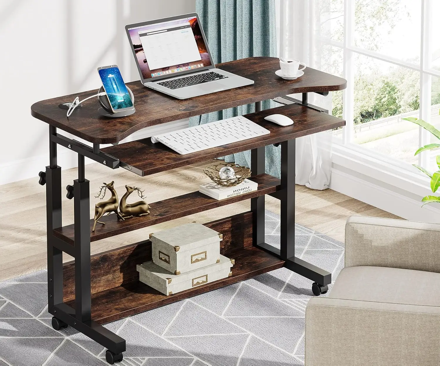 Portable Desk with Power Outlets, Height Adjustable Side Table Sofa Couch Bedside Laptop Computer Cart with USB Charging Ports,