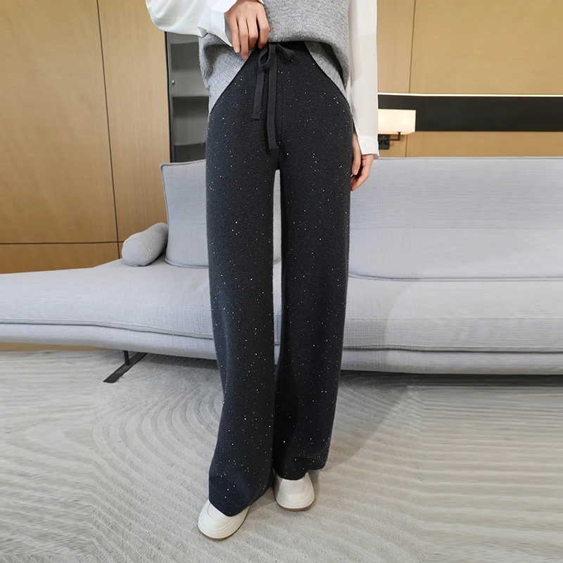 Women\'s trousers autumn/winter new 100% wool high waist sequined wide leg pants casual lace elastic waist solid mopping pants