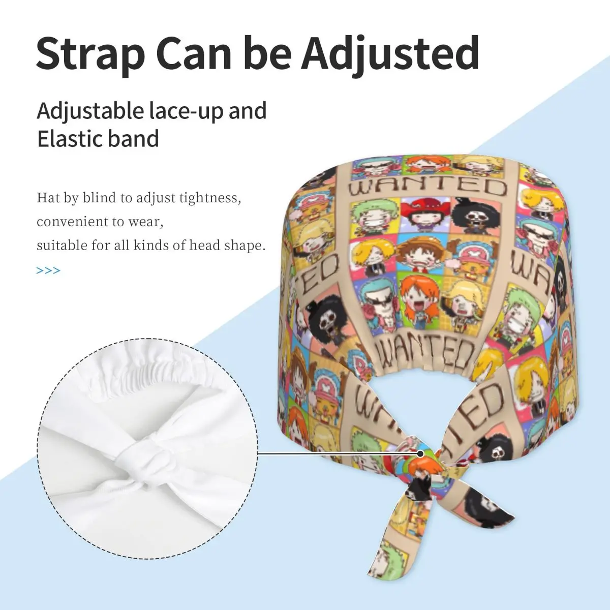 Cartoni animati personalizzati L-Luffyes Manga Scrubs Cap Cappelli chirurgici Donna Uomo Giappone Sala operatoria Berretto Operatore Cappelli Laboratorio Cappello da lavoro