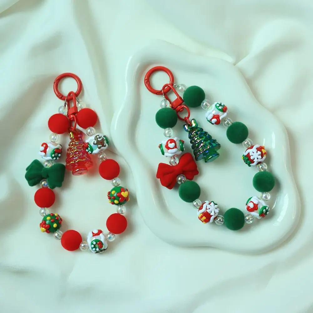 Santa Claus Plush Beads Keychain Christmas Tree Flocked Bowknot Plush Beads Keyring Cute Anti-lost Beaded Cell Phone Lanyard