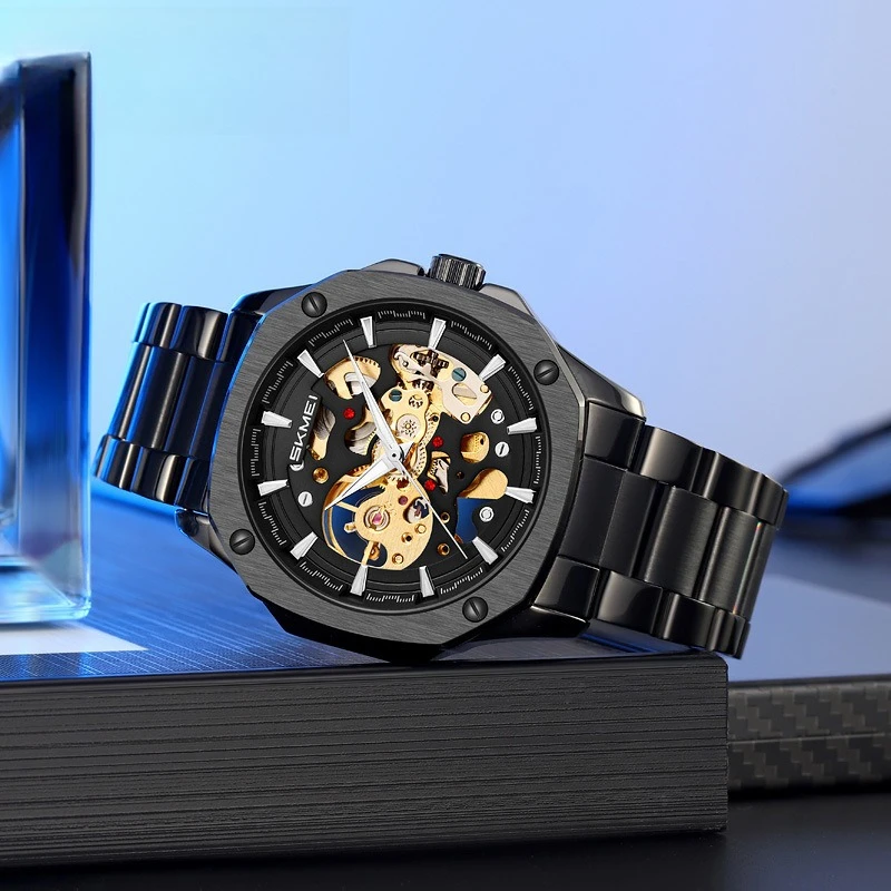 Sleek Men's Automatic Skeleton Watch with Stainless Steel Bracelet for Business & Style