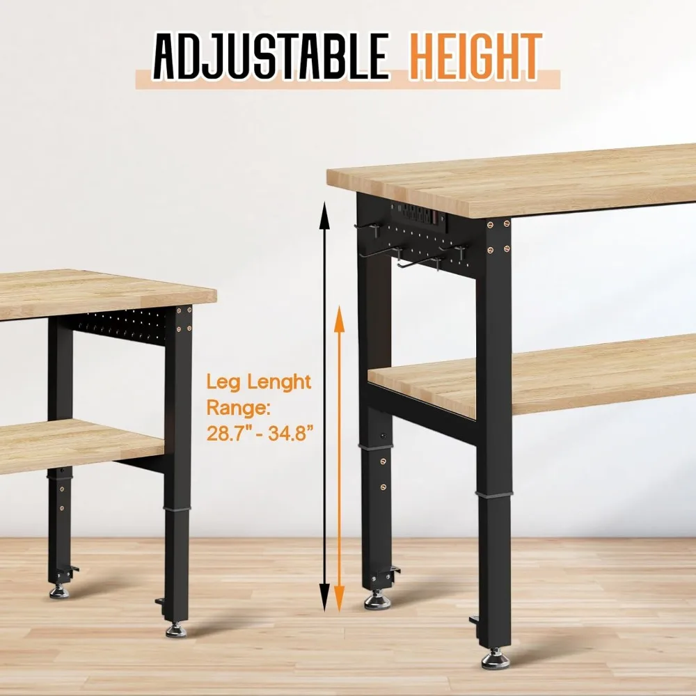 منضدة عمل شديدة التحمل بطبقتين قابلة للتعديل مع 4 منافذ تيار متردد و2 USB، سعة 2000 رطل، قوة صناعية، تصميم مريح