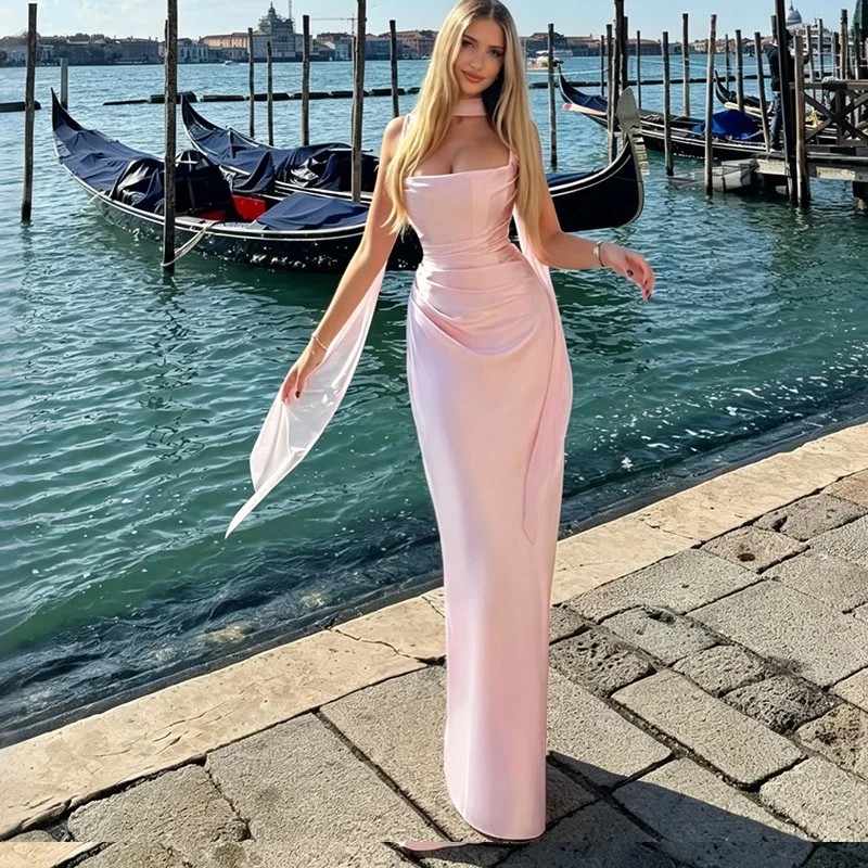 Damen Maxikleid aus Satin mit Schleifenbesatz, ärmellos, mit Fischgrätmuster, Schnürung, gerafftes, figurbetontes, langes Kleid, elegant, für Hochzeitsgäste, Partys, Vestidos, in Pink und Grün – Detail 10