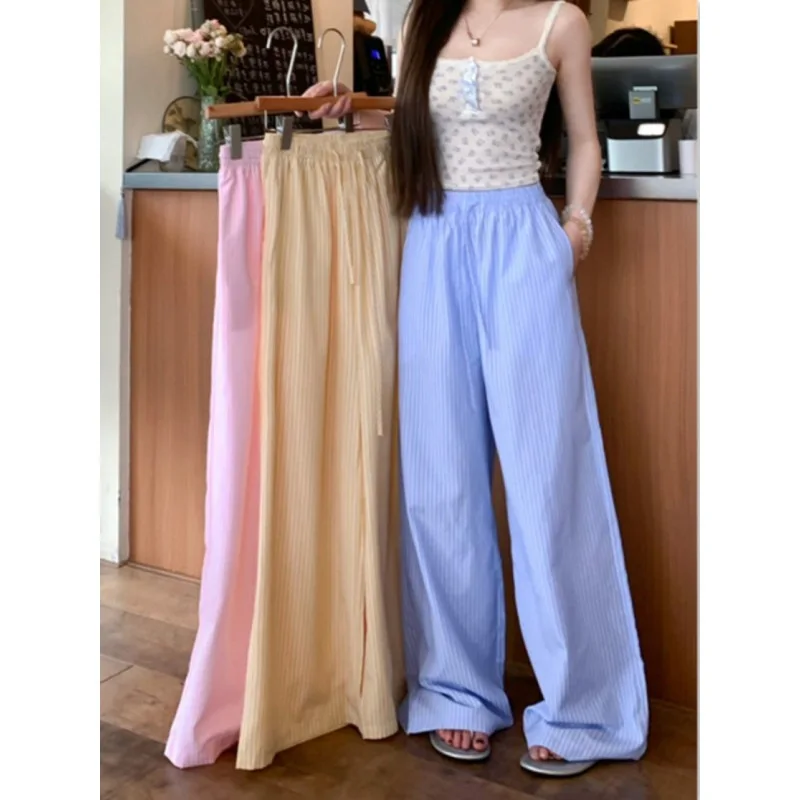 Blue Vertical Striped Wide Leg Pants for Spring and Summer Straight Leg Loose Casual Floor Pants