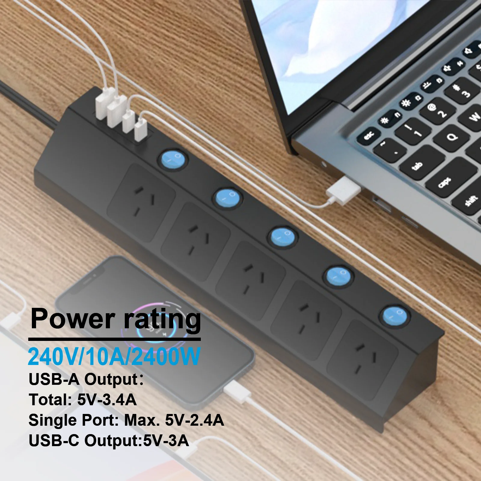 Australian plug with 1.5m extension cord power strip 5AC and 2 USB A and 2 USB C ports independent switch socket 240V/10A