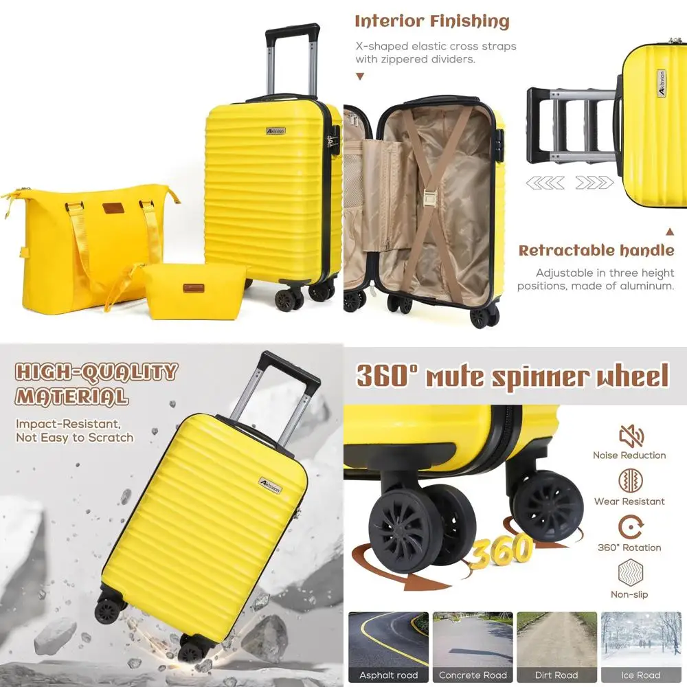 ABS Hardshell Spinner Luggage Set: 3 Piece Carry-On Suitcase, Weekender Bag, Toiletry Bag - Yellow Travel Essentials