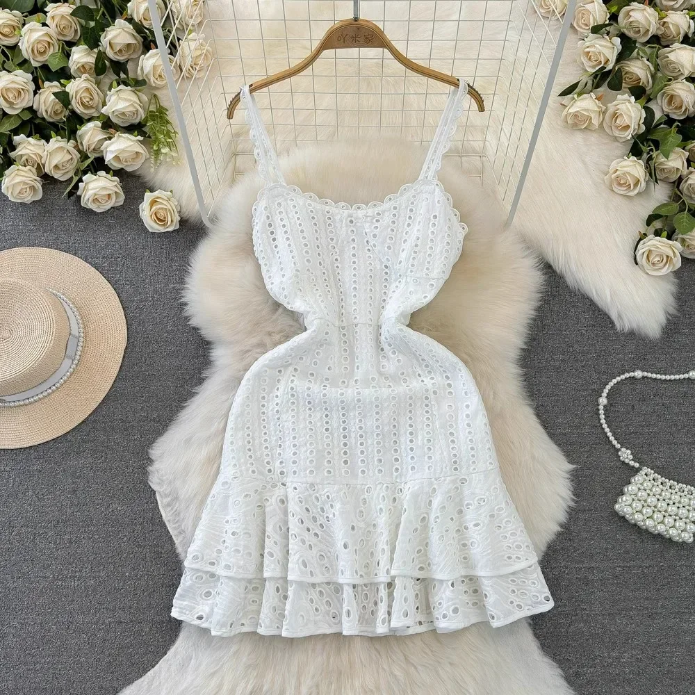 Lace Embroidery Yellow Dress Women Summer Vacation Hollow Out V-neck Sleeveless Women's Clothing Runway Design Vestido