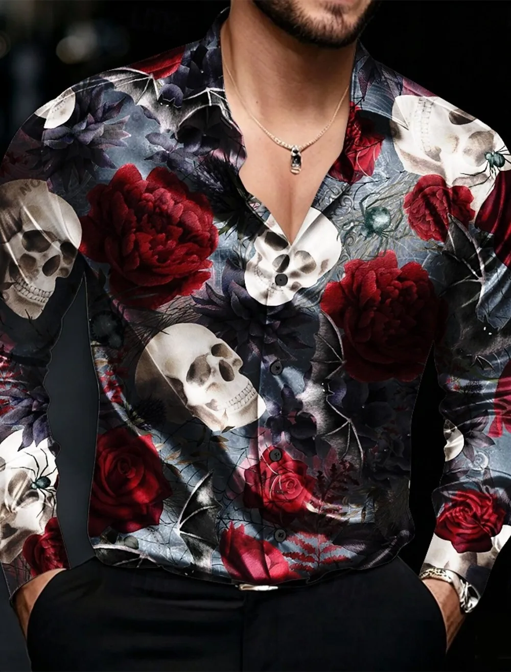 Men's Rose Skull Satin Shirt Long Sleeve Casual Horror Dark Vacation Party Evening Dress Shirt, 3D Printed 16 Colors