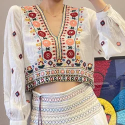 2024 Ladies New Fashion Casual V-Neck Cotton Embroidered Tops Women's Blouses & Shirts for Spring and Autumn Collection