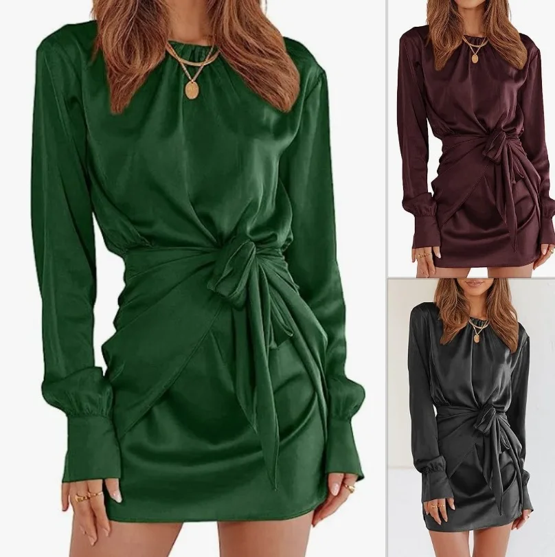 New Women's Satin Long Sleeve round Neck Tied Dress