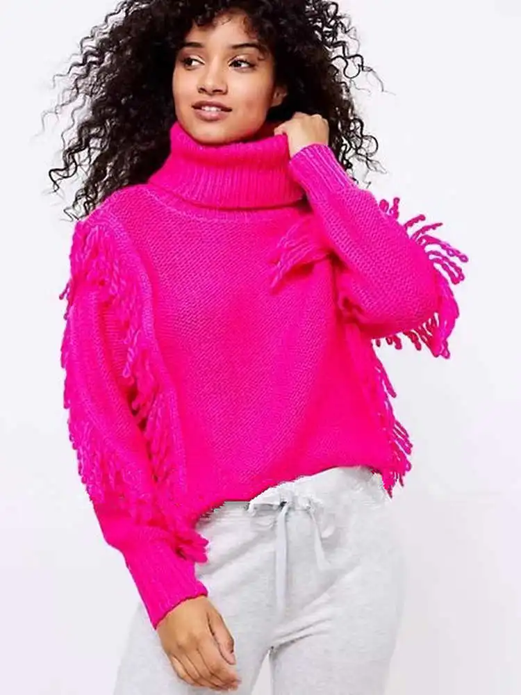 

Faionable Long Sve вязаный свитер с высоким воротником и кисточками, свободный повседневный женский зимний вязаный пуловер Thiened Crew Ne