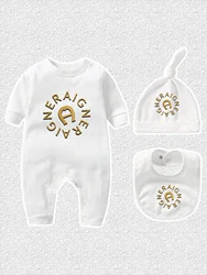 0-24M Newborn Clothes %100 Cotton Toddler Romper 2024 Autumn New Baby Boy Jumpsuit Set Infant Long sleeves Bibs Hat 3Pcs Suit