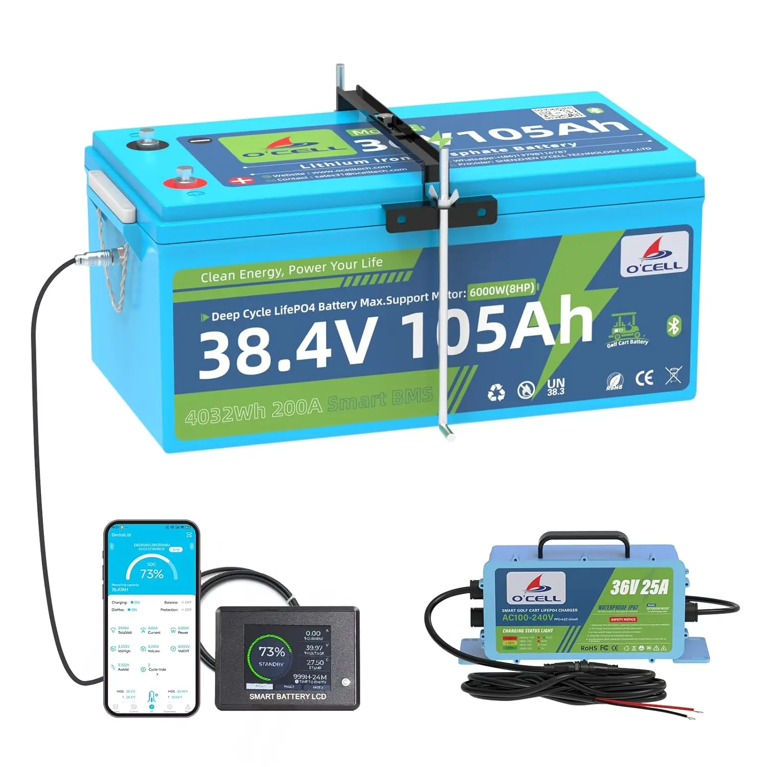 

36V Lithium Golf Cart Battery, 105Ah Deep Cycle Fits EZGO/Club Car/YAMAHA, 10+ Years Lifespan, 200A BMS, Bluetooth, Customized