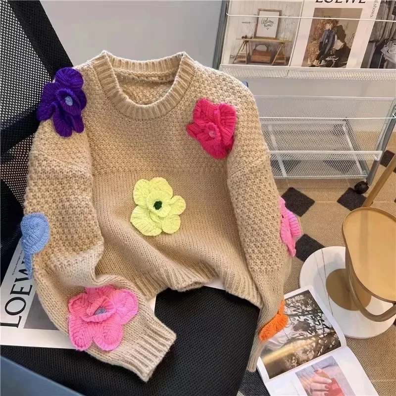 French sweet lazy wind dopamine three-dimensional flower pullover sweater 2024 autumn and winter new loose sweater women